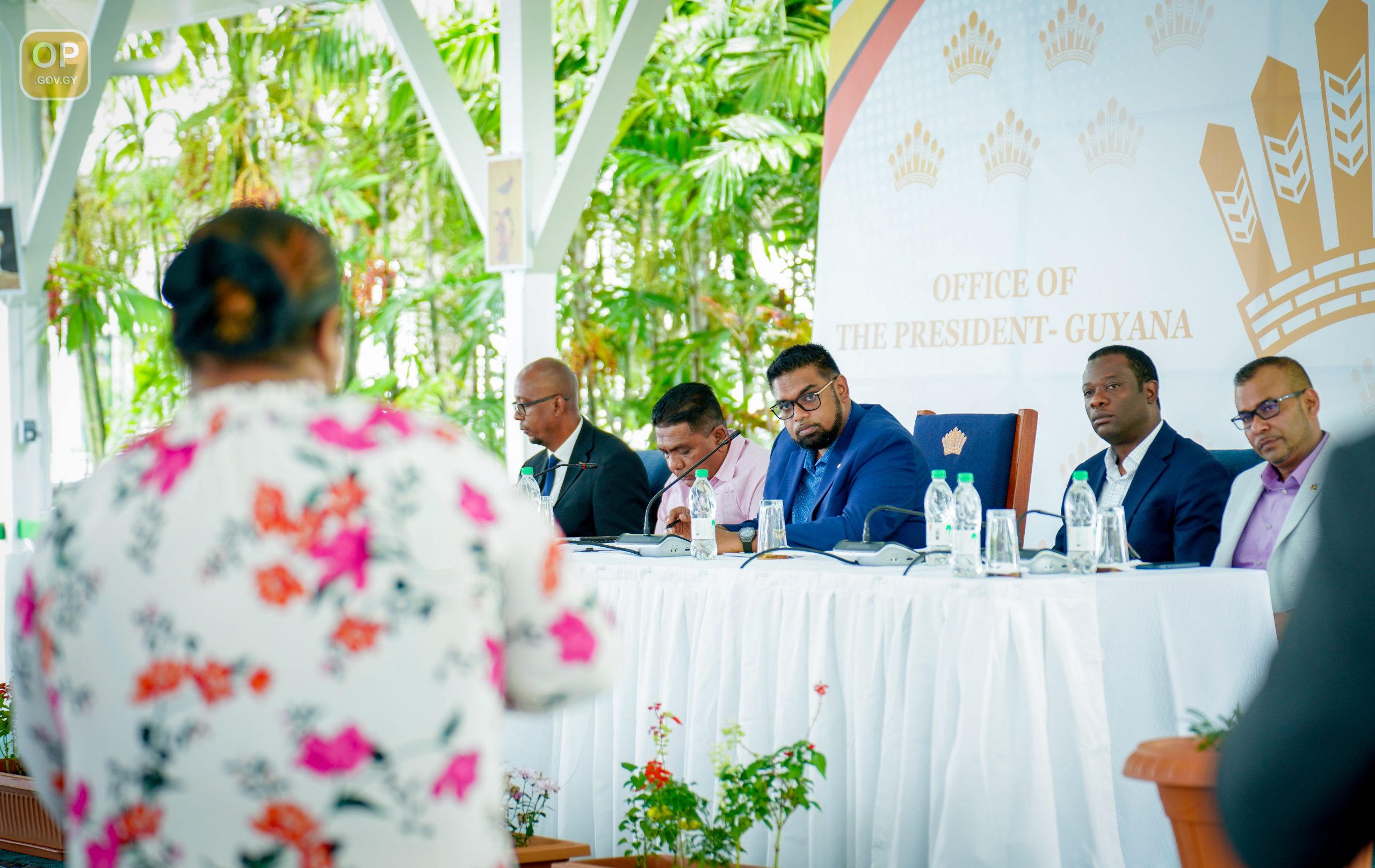 President Dr. Irfaan Ali (third from right) responding to questions from a local journalist during his press conference on Sunday (Photo: Latchman Singh/ Office of the President/ March 6, 2022)
