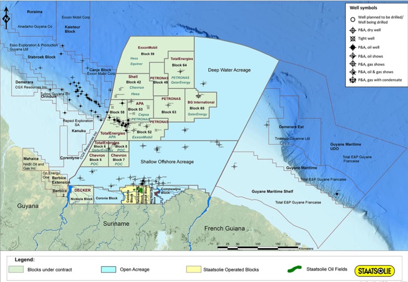Blokken 63, 64 en 65 in het Demeraragebied offshore Suriname waarvoor productiedelingscontracten zijn ondertekend