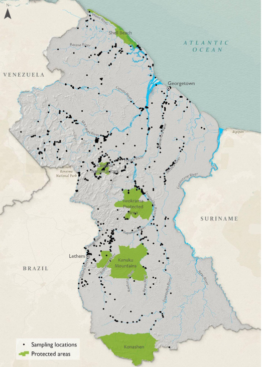 Visbemonsteringslocaties in Guyana op basis van Fishnet2-records