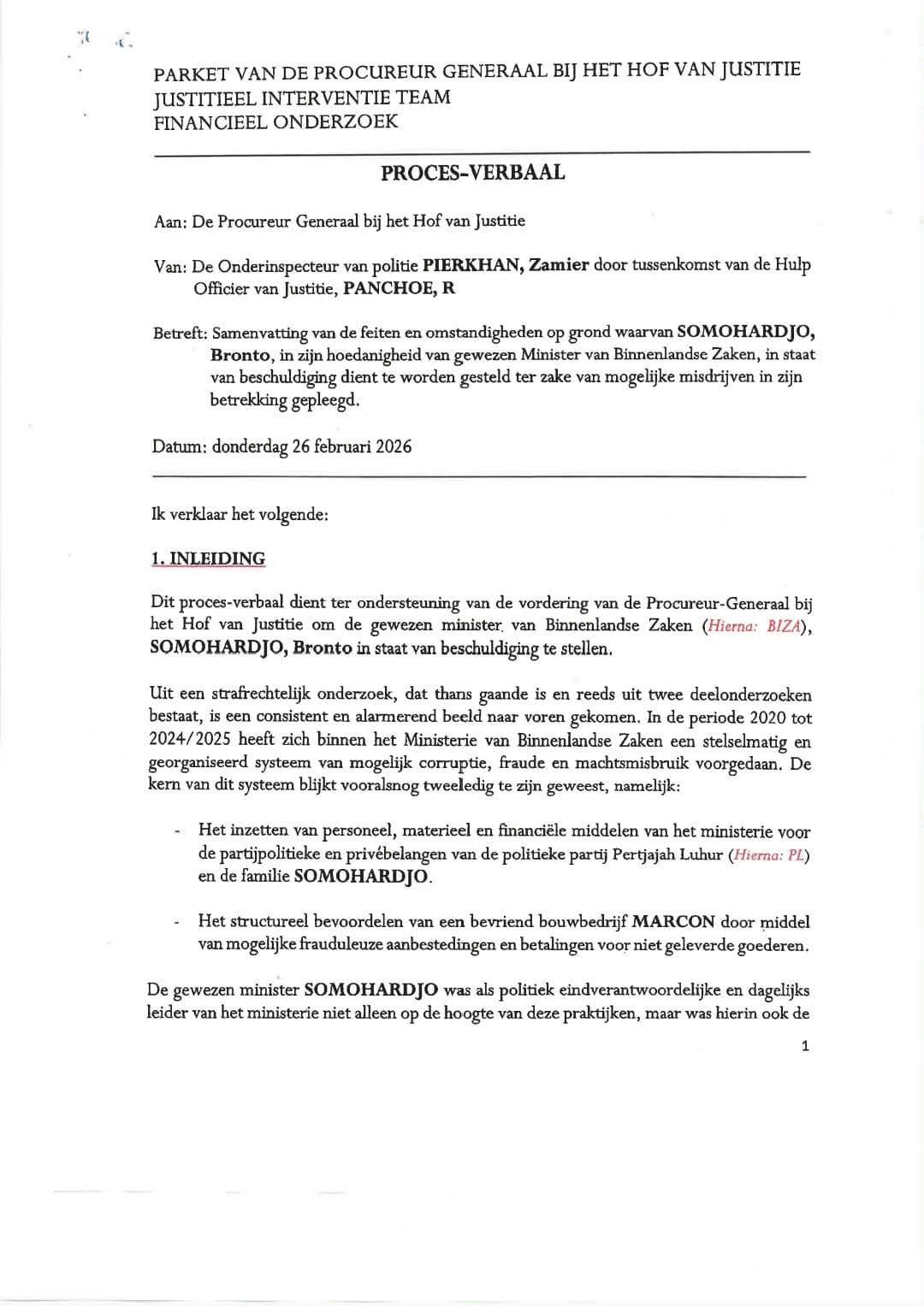 Brief PG aan DNA mbt staat van beschuldiging van Bronto Salam Gino Somohardjo