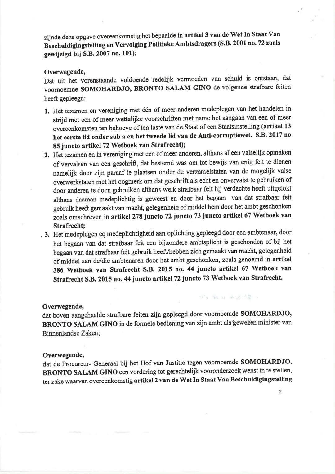 Brief PG aan DNA mbt staat van beschuldiging van Bronto Salam Gino Somohardjo