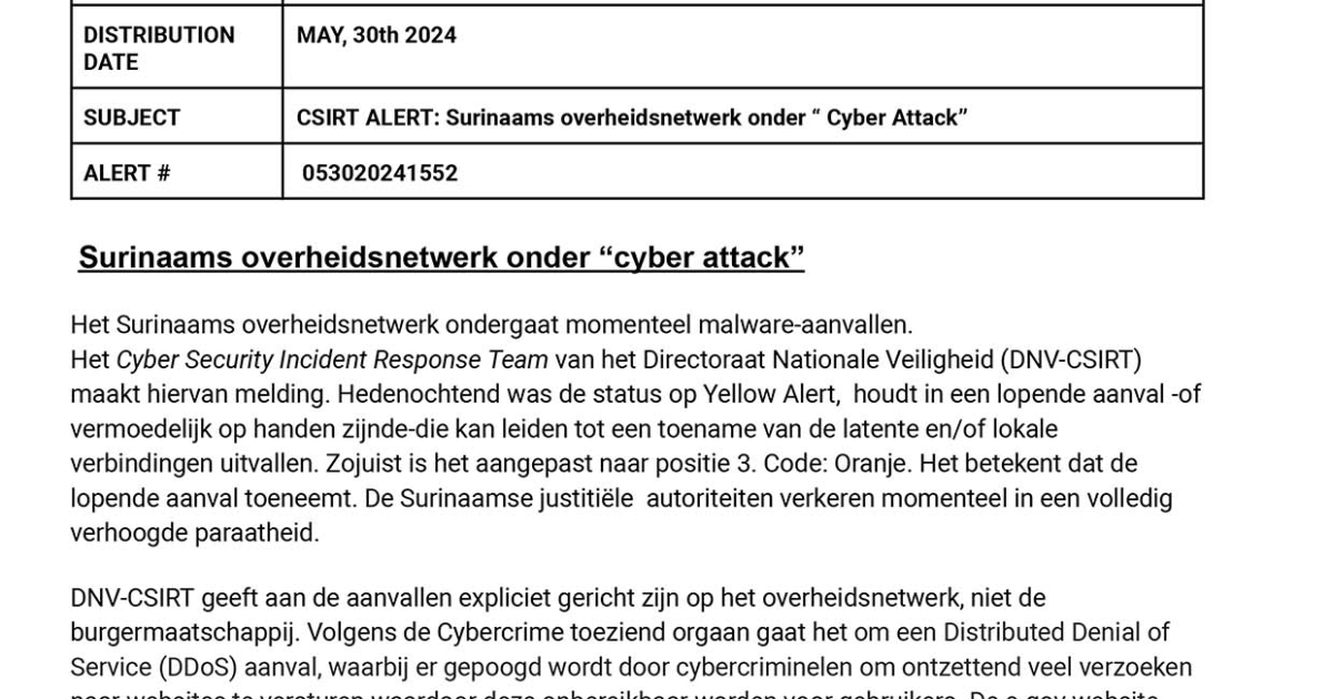 Surinaams overheidsnetwerk onder ‘cyber attack’ | Suriname Nieuws Centrale