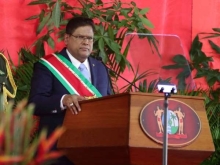 De Surinaamse president Chan Santokhi tijdens zijn inauguratie in juli.