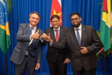 (L to R) President of Brazil, Jair Bolsonaro, President of Suriname, Chandrikapersad Santokhi and Guyana’s President, Dr. Mohamed Irfaan Ali met in Suriname on January 20, 2022.