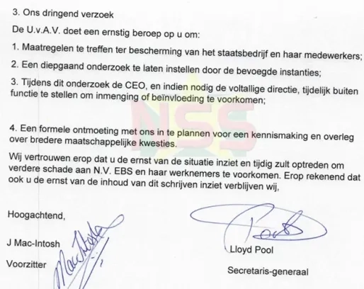 UvAV herhaalt zorgen bij president over ontwikkelingen bij NV EBS