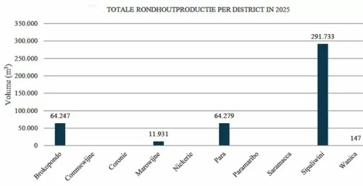 Houtproductie daalt licht in 2025; Sipaliwini blijft grootste productiegebied