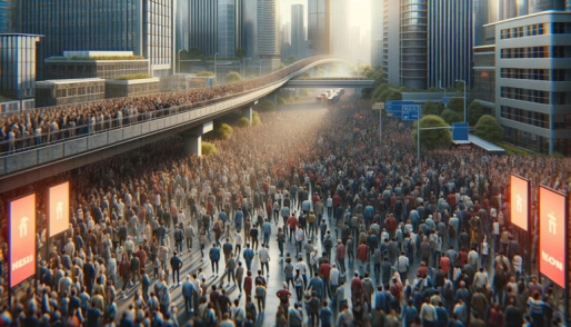 De groeisnelheid van de wereldbevolking neemt af © Crowd of people in a big city, AI Generated, DALL-e