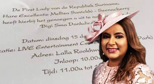 First lady Melissa Santokhi-Seenacherry is op de uitnodiging betiteld als Hare Excellentie
