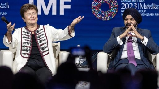 IMF-chef Kristalina Georgieva en president van de Wereldbank, Ajay Banga, gebruikten de leden van deze week om er bij de leden op aan te dringen de financiering op te voeren. © FADEL SENNA / AFP/File